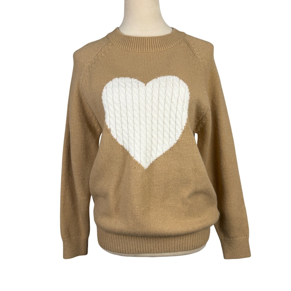 Sweater Womens Medium Heart Cable Knit Raglan Sleeve Tan Camel Fall Casual